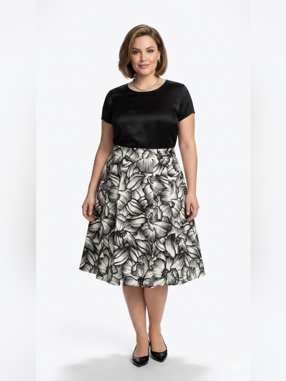NWOT Black & White Floral Linen A-Line Skirt - Women